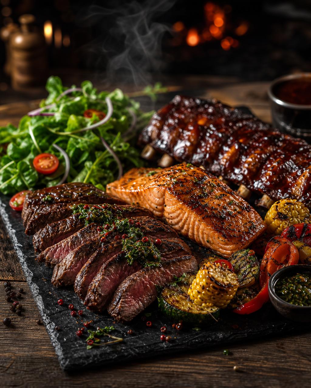 Freshly prepared BBQ catering platter with grilled steak, salmon, ribs and sides — Blaze & Barrel Toronto